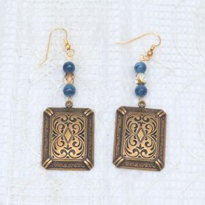 Handmade Dangle Earrings with Gold Square and Beads, Lightweight Vintage Jewelry